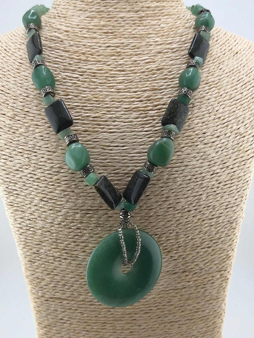 Vintage Green Aventurine Jade Statement Bi Disc Necklace